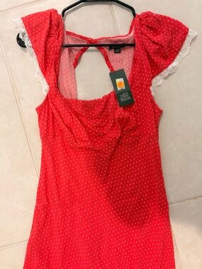 wild fable Red Polka Dot Maxi Dress with Puff Sleeves and Lace Trim